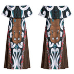 New Zealand Whakairo Couples Matching Off Shoulder Maxi Dress and Long Sleeve Button Shirt Tiki Maori Carving Taniko Motifs
