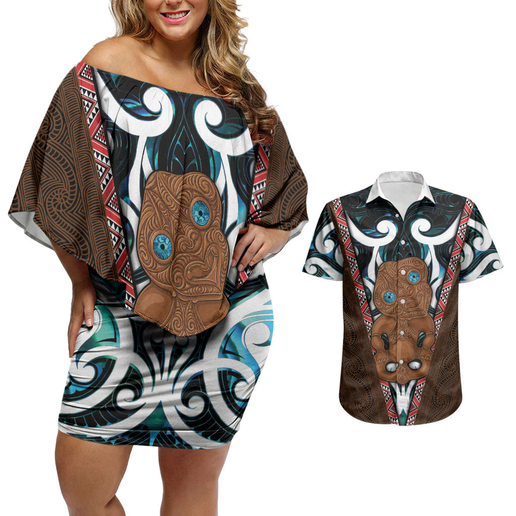 New Zealand Whakairo Couples Matching Off Shoulder Short Dress and Hawaiian Shirt Tiki Maori Carving Taniko Motifs