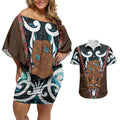 New Zealand Whakairo Couples Matching Off Shoulder Short Dress and Hawaiian Shirt Tiki Maori Carving Taniko Motifs