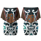 New Zealand Whakairo Couples Matching Off Shoulder Short Dress and Hawaiian Shirt Tiki Maori Carving Taniko Motifs