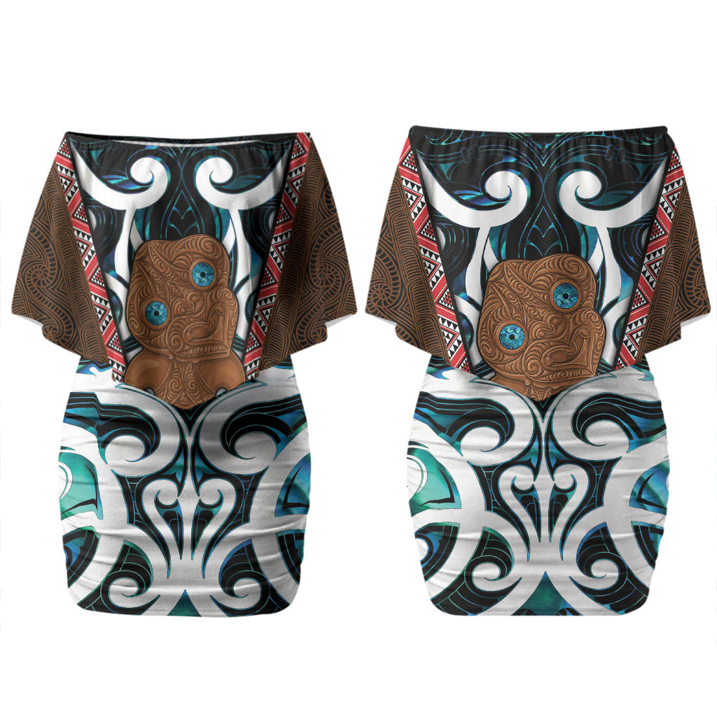 New Zealand Whakairo Couples Matching Off Shoulder Short Dress and Hawaiian Shirt Tiki Maori Carving Taniko Motifs