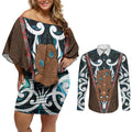 New Zealand Whakairo Couples Matching Off Shoulder Short Dress and Long Sleeve Button Shirt Tiki Maori Carving Taniko Motifs