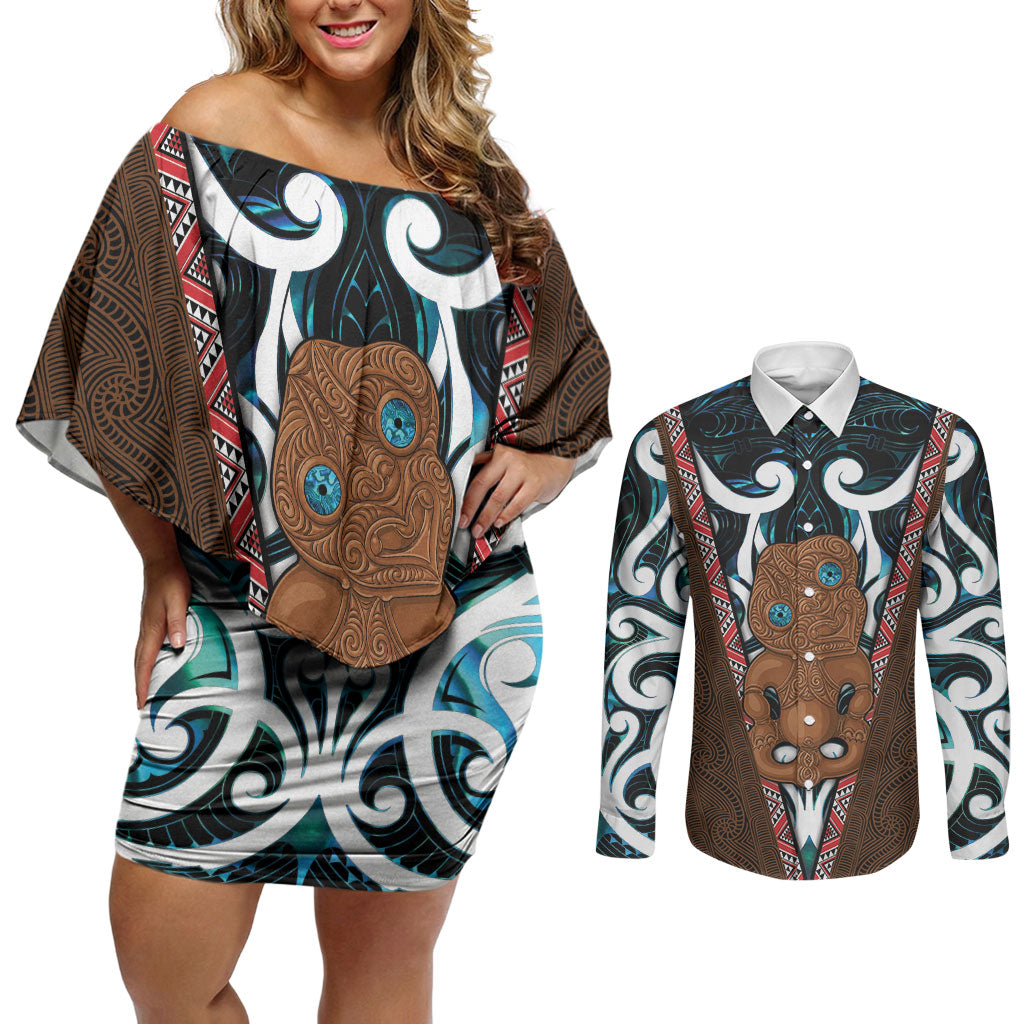 New Zealand Whakairo Couples Matching Off Shoulder Short Dress and Long Sleeve Button Shirt Tiki Maori Carving Taniko Motifs