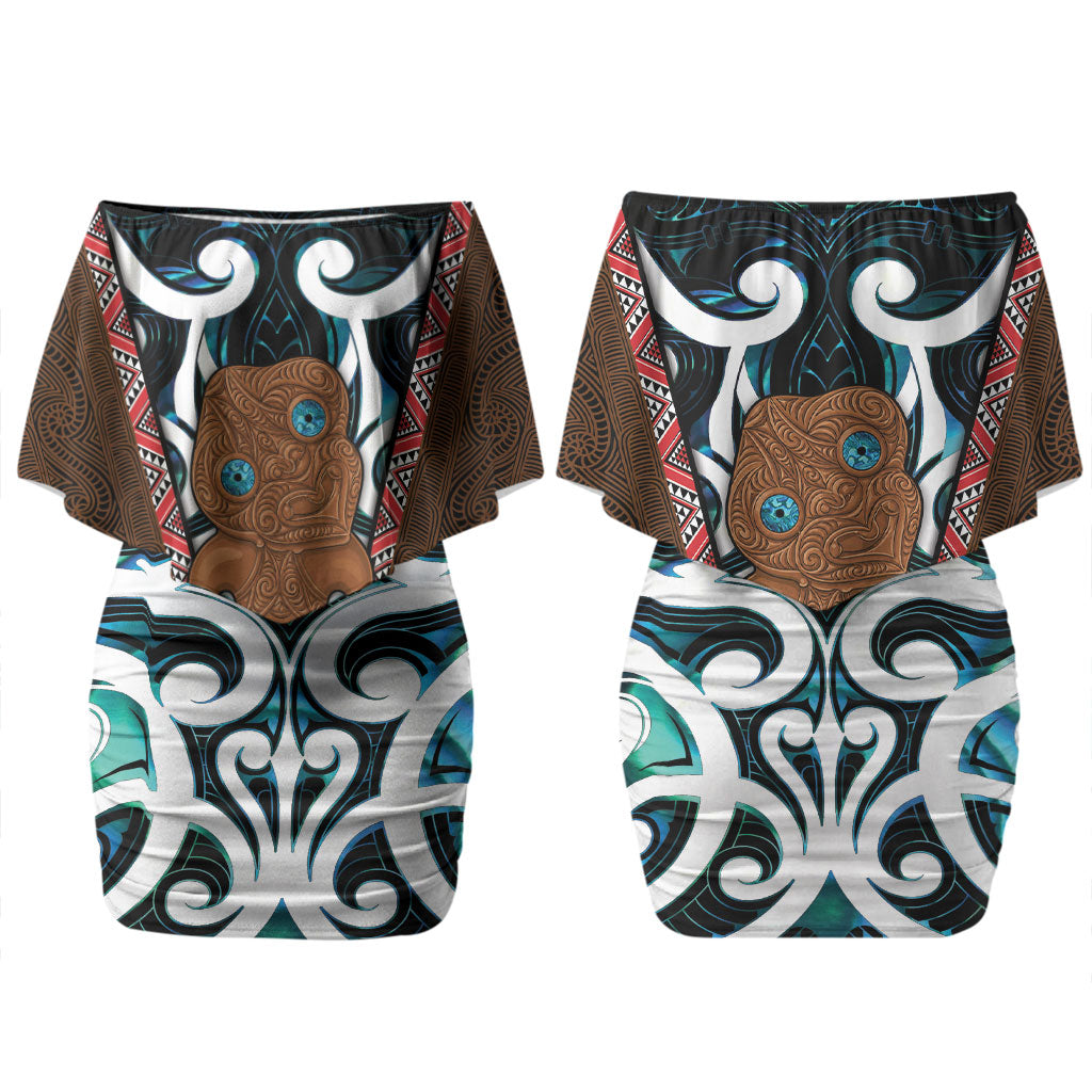 New Zealand Whakairo Couples Matching Off Shoulder Short Dress and Long Sleeve Button Shirt Tiki Maori Carving Taniko Motifs