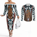 New Zealand Whakairo Couples Matching Off The Shoulder Long Sleeve Dress and Long Sleeve Button Shirt Tiki Maori Carving Taniko Motifs