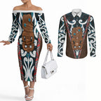 New Zealand Whakairo Couples Matching Off The Shoulder Long Sleeve Dress and Long Sleeve Button Shirt Tiki Maori Carving Taniko Motifs
