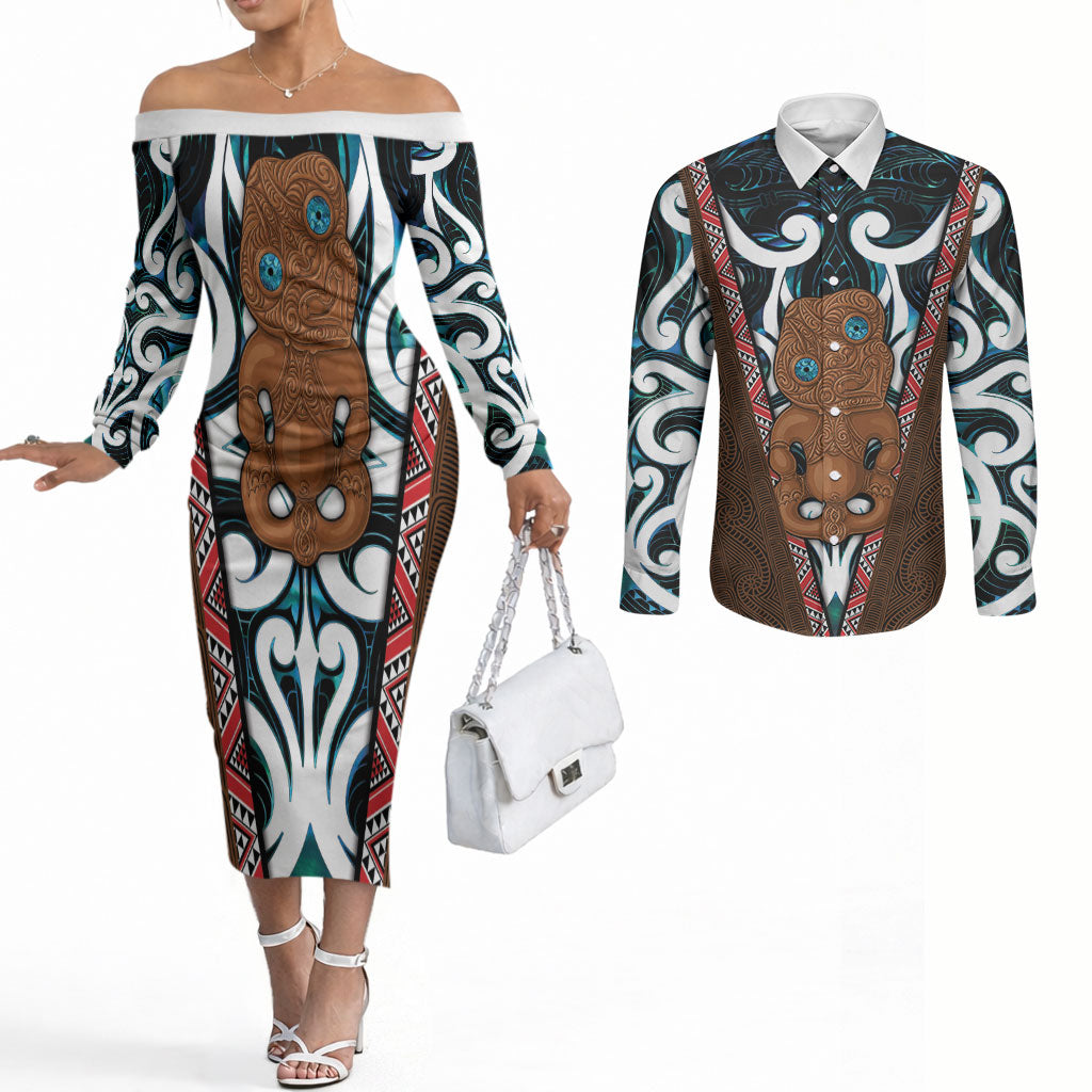 New Zealand Whakairo Couples Matching Off The Shoulder Long Sleeve Dress and Long Sleeve Button Shirt Tiki Maori Carving Taniko Motifs