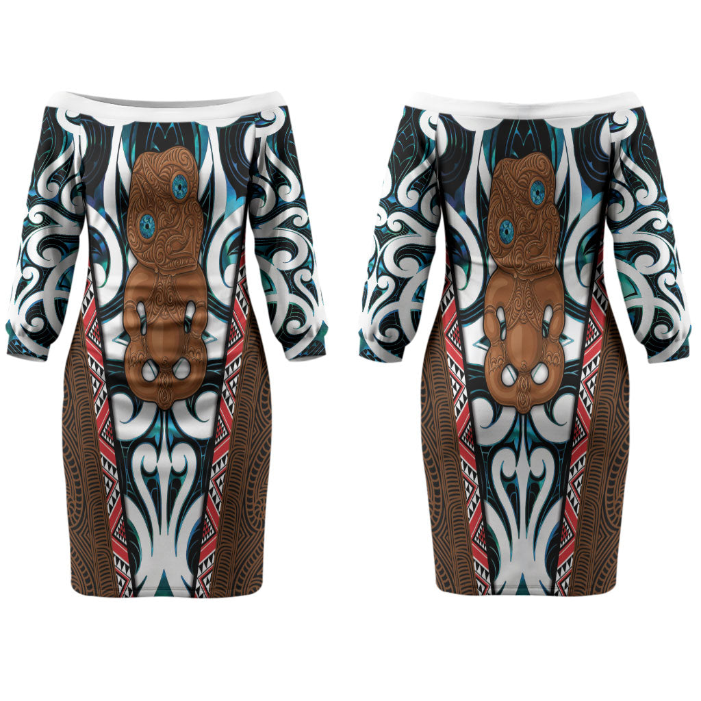 New Zealand Whakairo Couples Matching Off The Shoulder Long Sleeve Dress and Long Sleeve Button Shirt Tiki Maori Carving Taniko Motifs