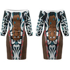 New Zealand Whakairo Couples Matching Off The Shoulder Long Sleeve Dress and Long Sleeve Button Shirt Tiki Maori Carving Taniko Motifs