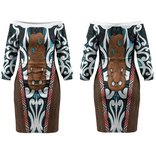 New Zealand Whakairo Couples Matching Off The Shoulder Long Sleeve Dress and Long Sleeve Button Shirt Tiki Maori Carving Taniko Motifs