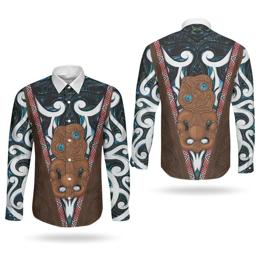 New Zealand Whakairo Couples Matching Puletasi and Long Sleeve Button Shirt Tiki Maori Carving Taniko Motifs