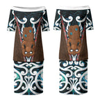 New Zealand Whakairo Couples Matching Puletasi and Long Sleeve Button Shirt Tiki Maori Carving Taniko Motifs
