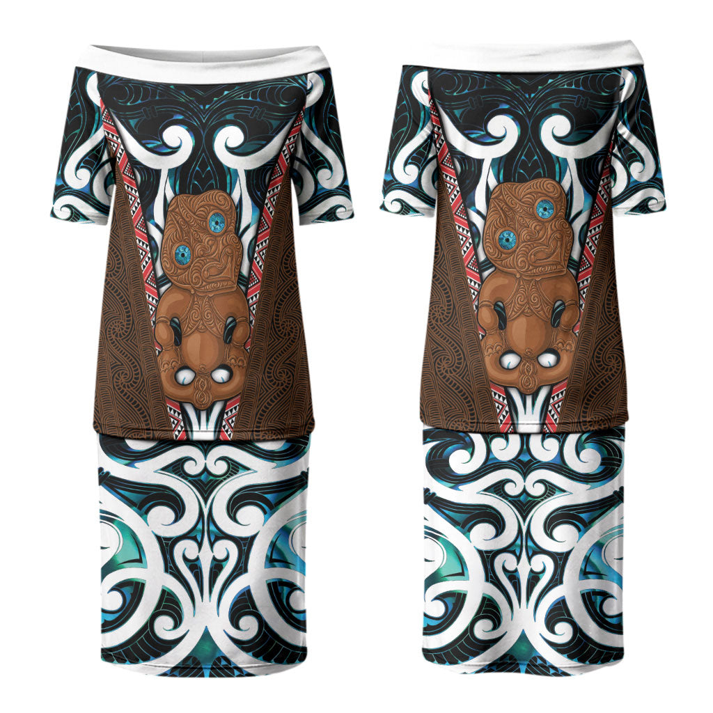 New Zealand Whakairo Couples Matching Puletasi and Long Sleeve Button Shirt Tiki Maori Carving Taniko Motifs