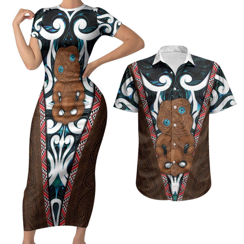 New Zealand Whakairo Couples Matching Short Sleeve Bodycon Dress and Hawaiian Shirt Tiki Maori Carving Taniko Motifs