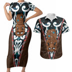 New Zealand Whakairo Couples Matching Short Sleeve Bodycon Dress and Hawaiian Shirt Tiki Maori Carving Taniko Motifs