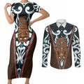 New Zealand Whakairo Couples Matching Short Sleeve Bodycon Dress and Long Sleeve Button Shirt Tiki Maori Carving Taniko Motifs