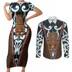 New Zealand Whakairo Couples Matching Short Sleeve Bodycon Dress and Long Sleeve Button Shirt Tiki Maori Carving Taniko Motifs