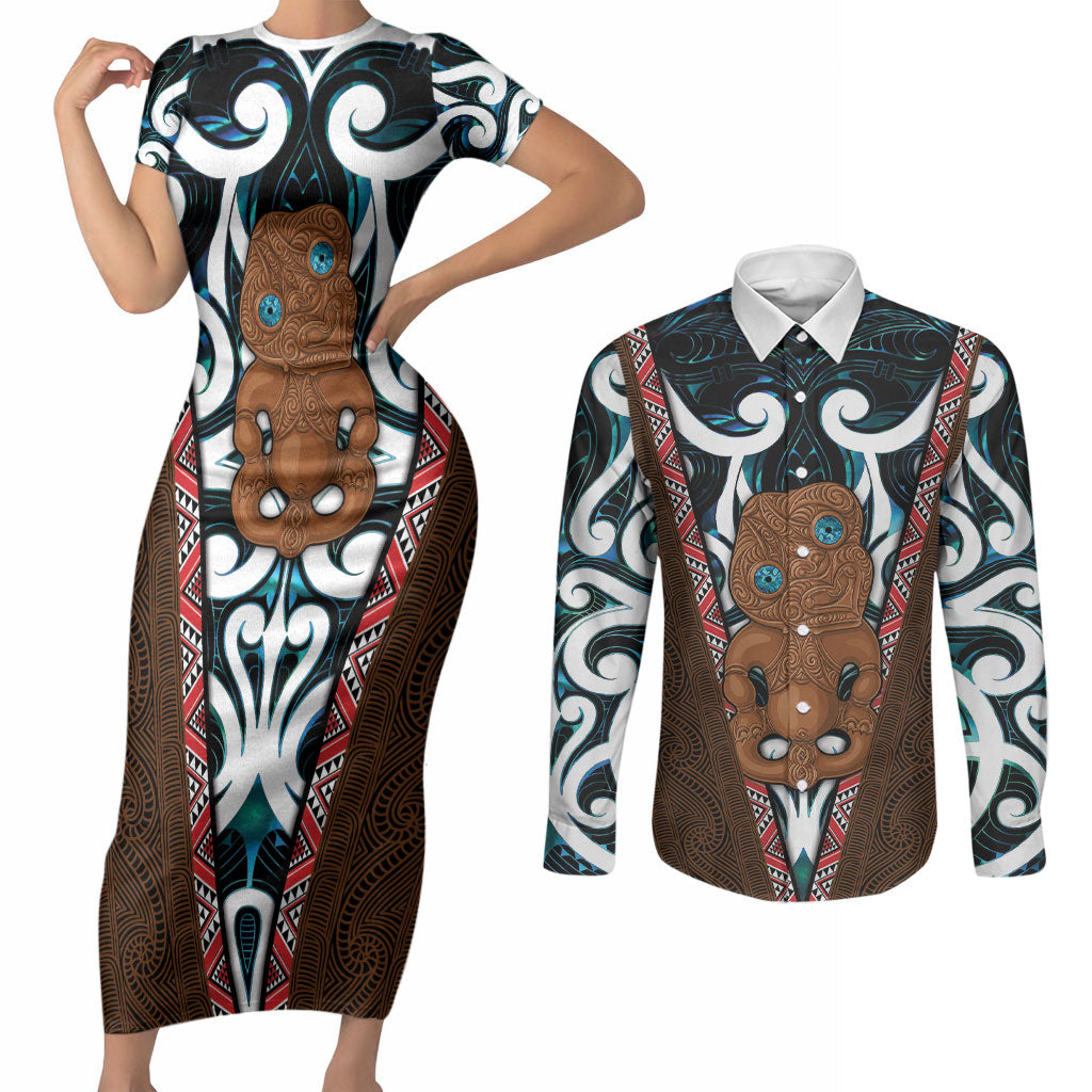New Zealand Whakairo Couples Matching Short Sleeve Bodycon Dress and Long Sleeve Button Shirt Tiki Maori Carving Taniko Motifs