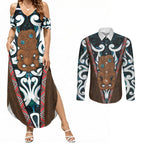 New Zealand Whakairo Couples Matching Summer Maxi Dress and Long Sleeve Button Shirt Tiki Maori Carving Taniko Motifs