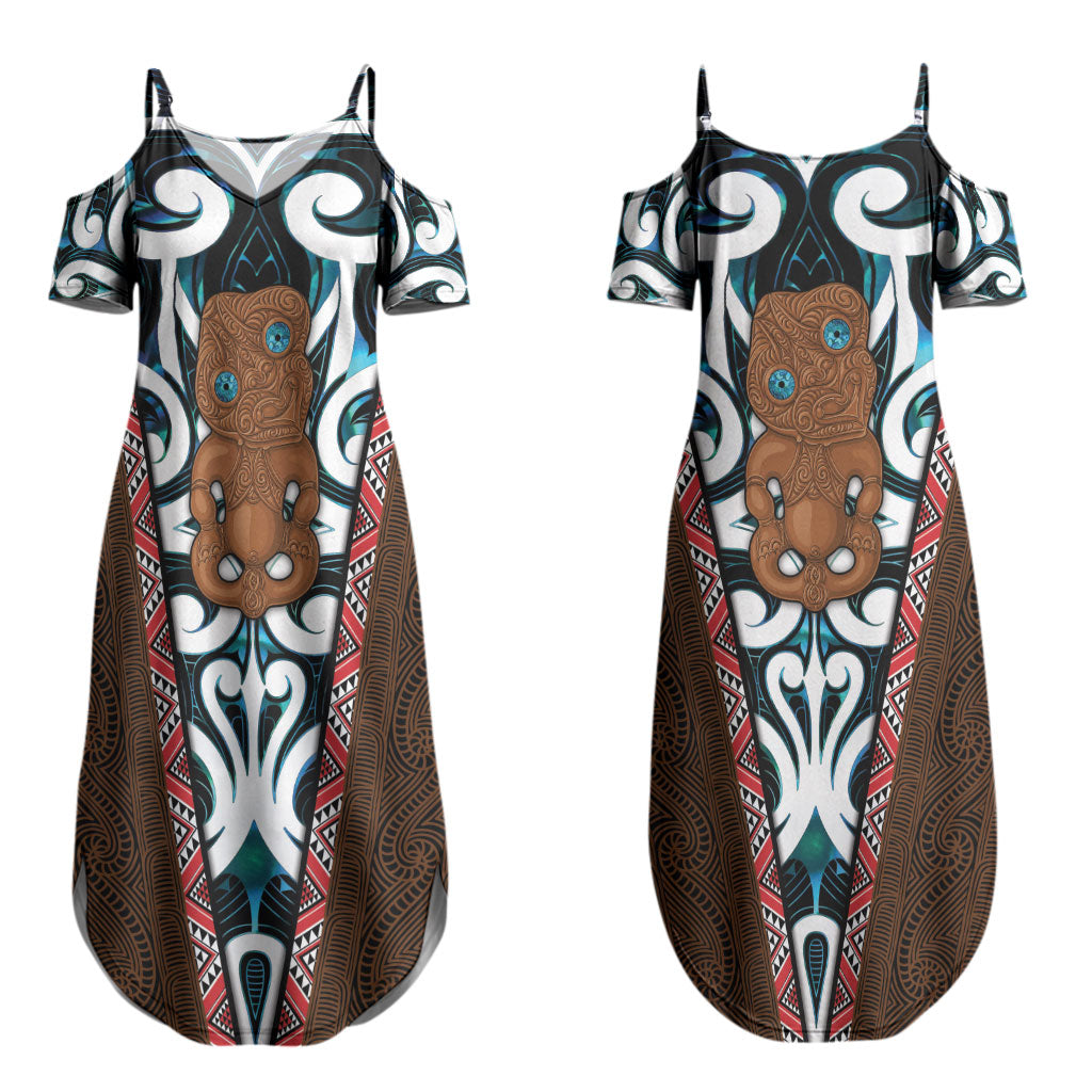 New Zealand Whakairo Couples Matching Summer Maxi Dress and Long Sleeve Button Shirt Tiki Maori Carving Taniko Motifs
