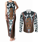 New Zealand Whakairo Couples Matching Tank Maxi Dress and Long Sleeve Button Shirt Tiki Maori Carving Taniko Motifs