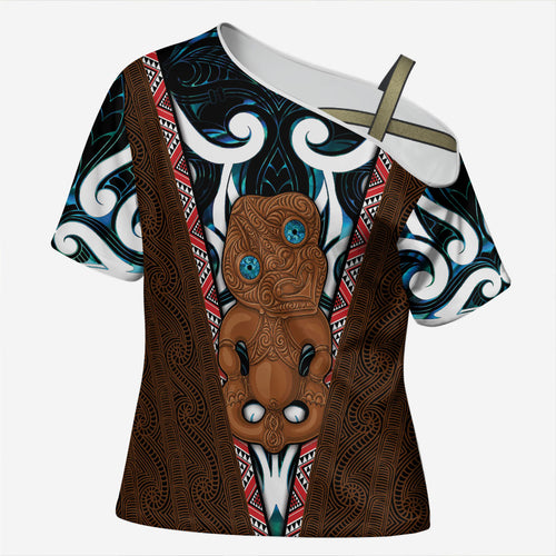 New Zealand Whakairo Cross Shoulder Shirt Tiki Maori Carving Taniko Motifs