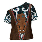 New Zealand Whakairo Cross Shoulder Shirt Tiki Maori Carving Taniko Motifs