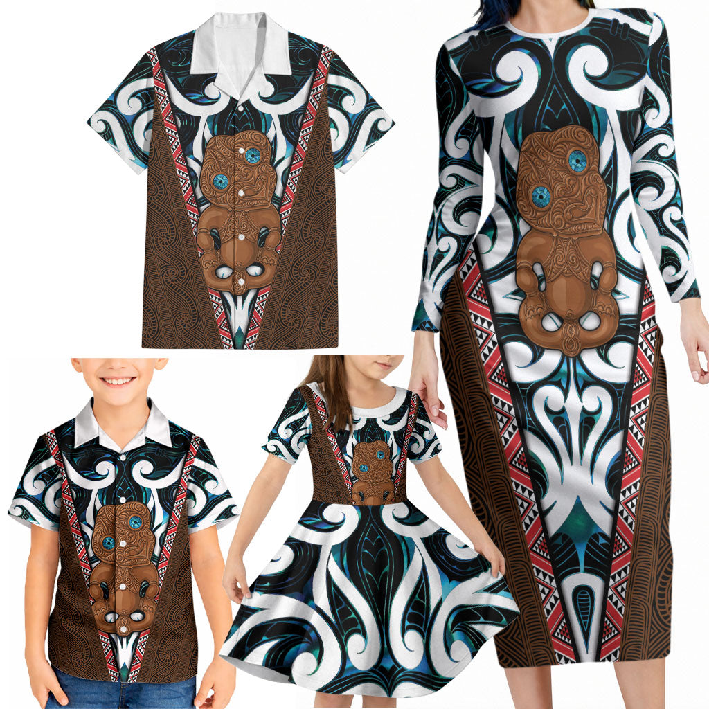 New Zealand Whakairo Family Matching Long Sleeve Bodycon Dress and Hawaiian Shirt Tiki Maori Carving Taniko Motifs
