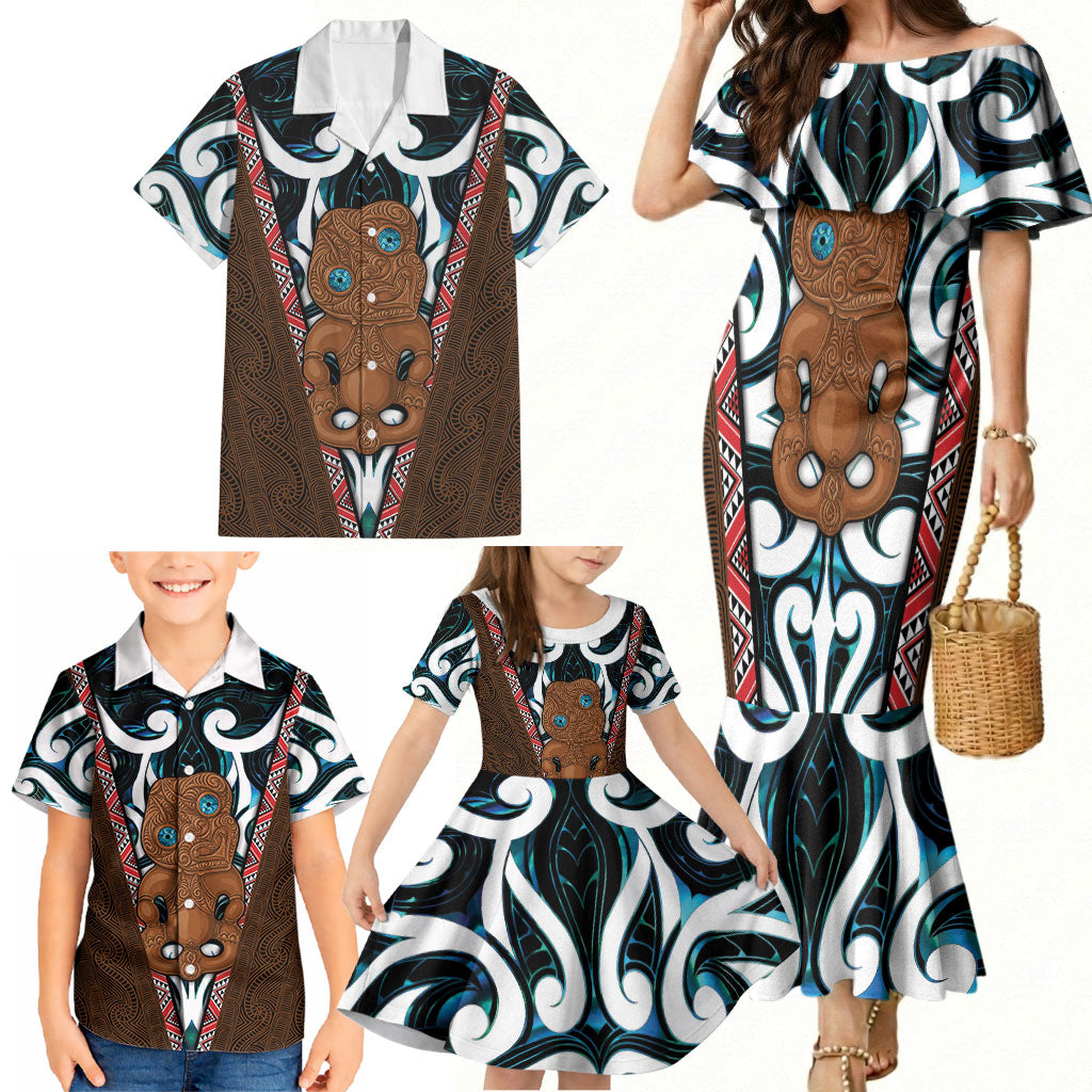 New Zealand Whakairo Family Matching Mermaid Dress and Hawaiian Shirt Tiki Maori Carving Taniko Motifs