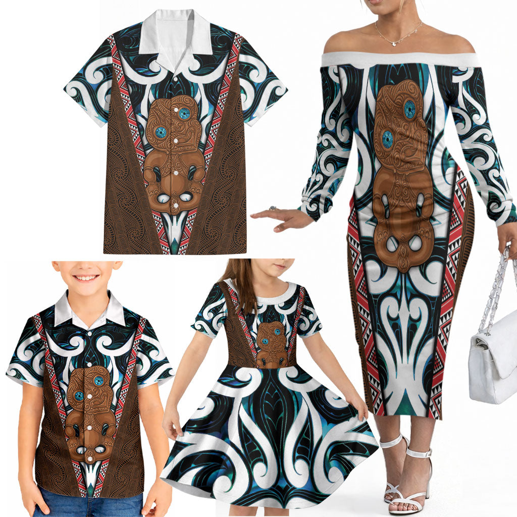 New Zealand Whakairo Family Matching Off The Shoulder Long Sleeve Dress and Hawaiian Shirt Tiki Maori Carving Taniko Motifs