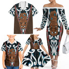 New Zealand Whakairo Family Matching Off The Shoulder Long Sleeve Dress and Hawaiian Shirt Tiki Maori Carving Taniko Motifs