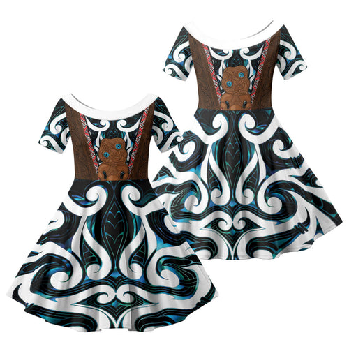 New Zealand Whakairo Family Matching Off The Shoulder Long Sleeve Dress and Hawaiian Shirt Tiki Maori Carving Taniko Motifs