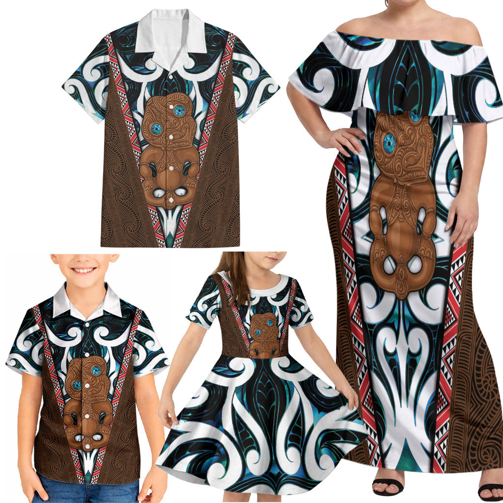 New Zealand Whakairo Family Matching Off Shoulder Maxi Dress and Hawaiian Shirt Tiki Maori Carving Taniko Motifs