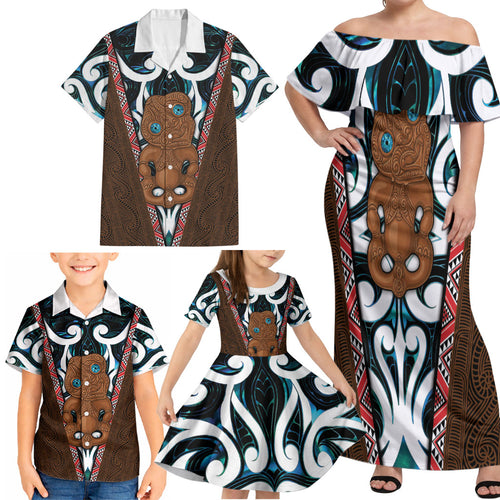 New Zealand Whakairo Family Matching Off Shoulder Maxi Dress and Hawaiian Shirt Tiki Maori Carving Taniko Motifs