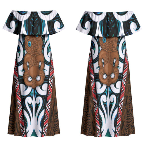 New Zealand Whakairo Family Matching Off Shoulder Maxi Dress and Hawaiian Shirt Tiki Maori Carving Taniko Motifs