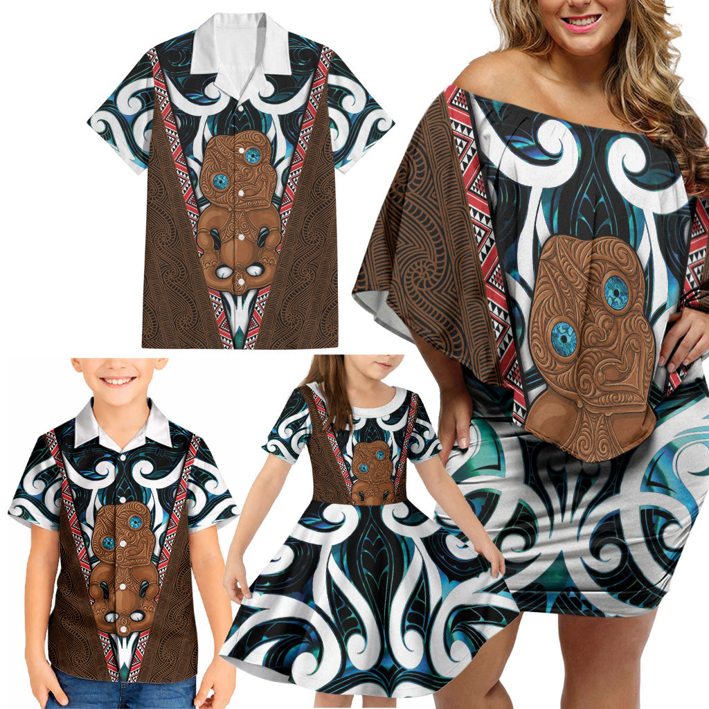 New Zealand Whakairo Family Matching Off Shoulder Short Dress and Hawaiian Shirt Tiki Maori Carving Taniko Motifs