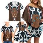 New Zealand Whakairo Family Matching Off Shoulder Short Dress and Hawaiian Shirt Tiki Maori Carving Taniko Motifs