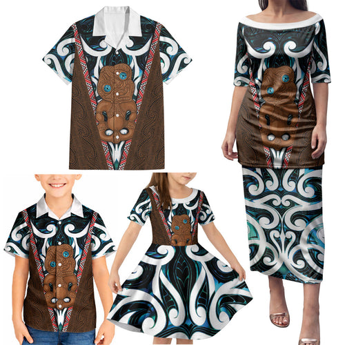 New Zealand Whakairo Family Matching Puletasi and Hawaiian Shirt Tiki Maori Carving Taniko Motifs