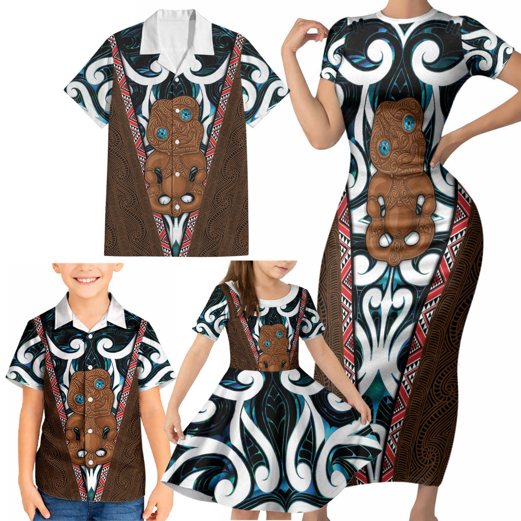New Zealand Whakairo Family Matching Short Sleeve Bodycon Dress and Hawaiian Shirt Tiki Maori Carving Taniko Motifs