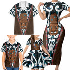 New Zealand Whakairo Family Matching Short Sleeve Bodycon Dress and Hawaiian Shirt Tiki Maori Carving Taniko Motifs