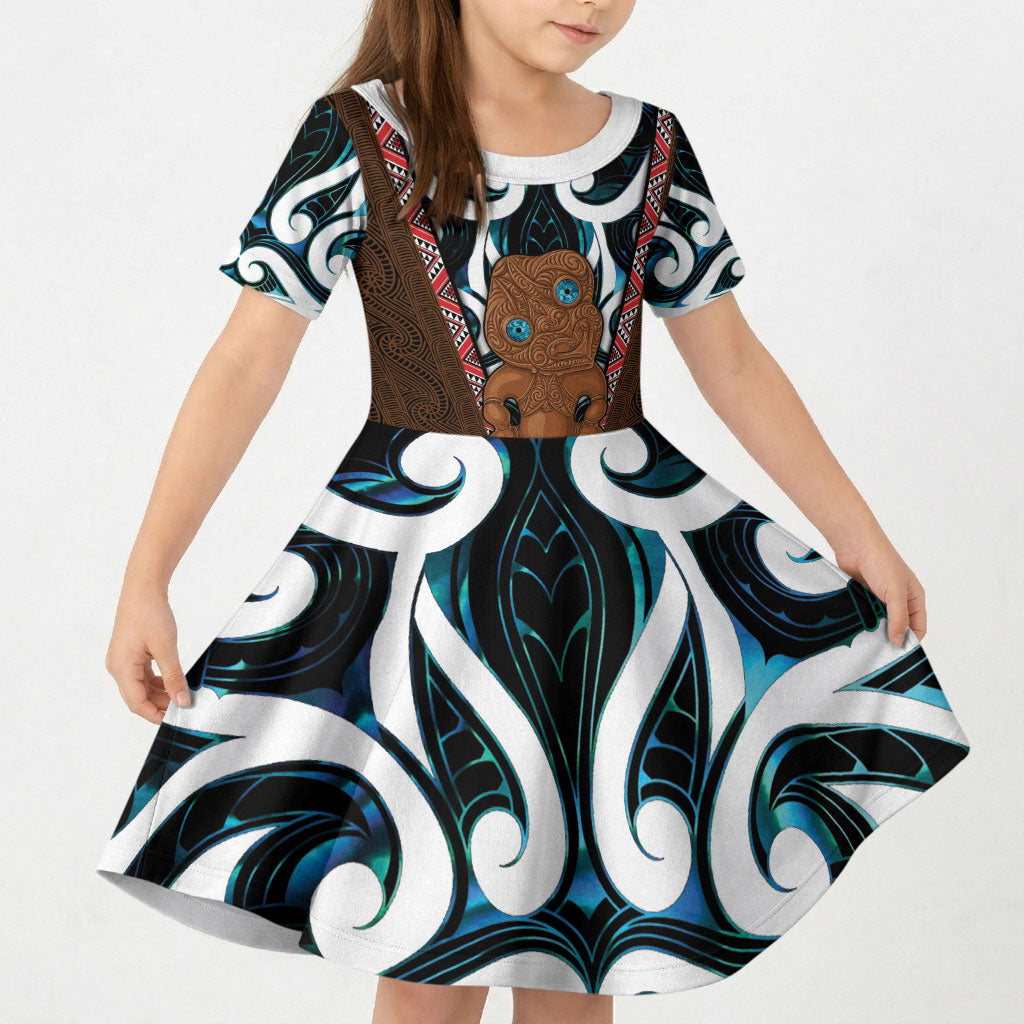 New Zealand Whakairo Kid Short Sleeve Dress Tiki Maori Carving Taniko Motifs