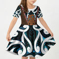 New Zealand Whakairo Kid Short Sleeve Dress Tiki Maori Carving Taniko Motifs