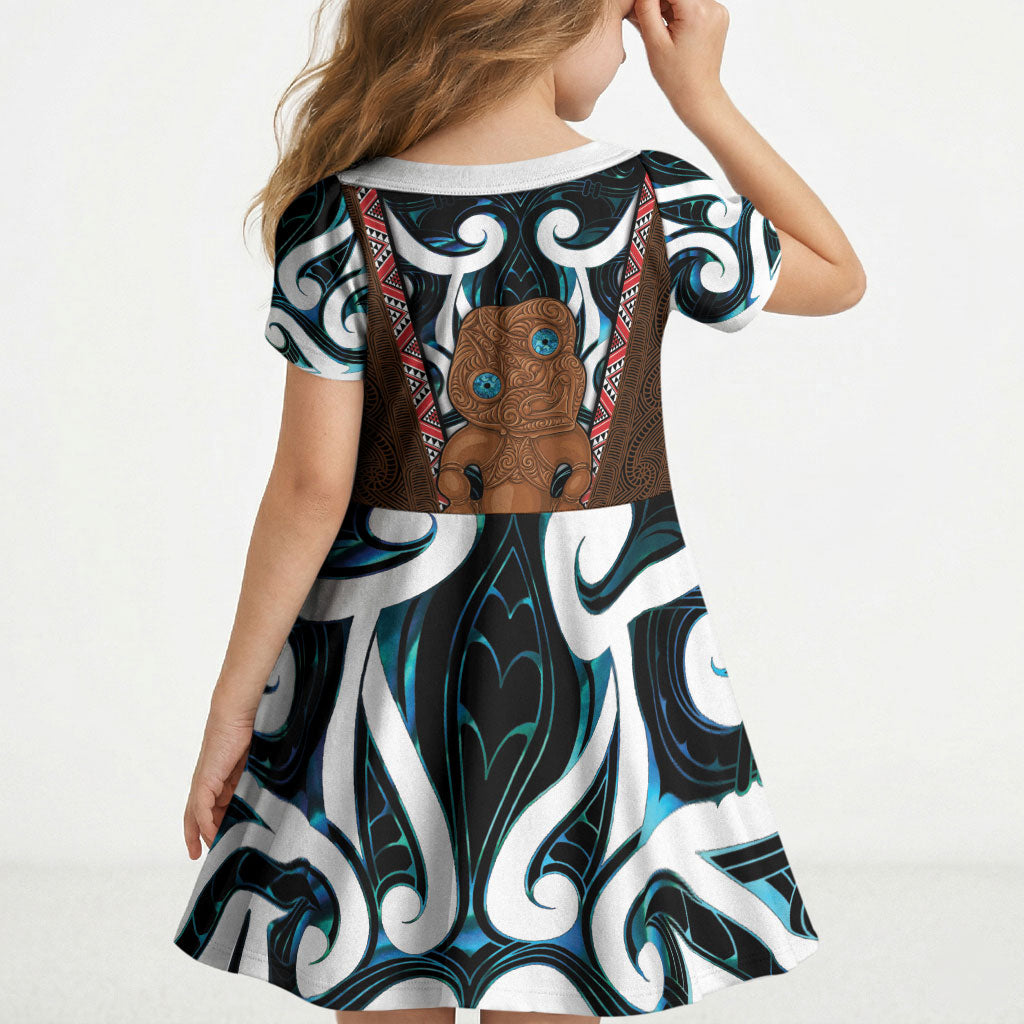 New Zealand Whakairo Kid Short Sleeve Dress Tiki Maori Carving Taniko Motifs