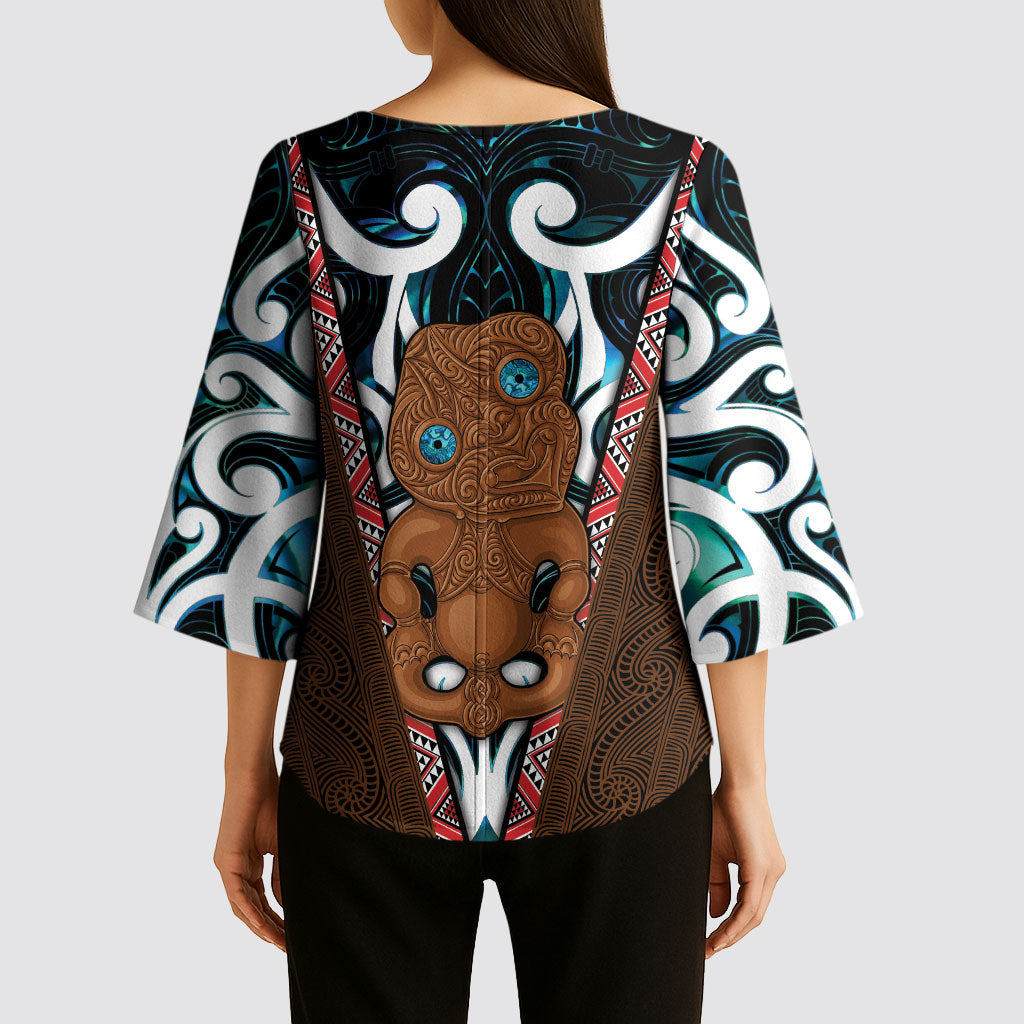New Zealand Whakairo Kimono Sleeve Blouse Tiki Maori Carving Taniko Motifs