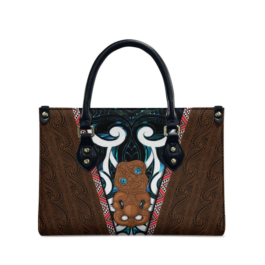 New Zealand Whakairo Leather Bag Tiki Maori Carving Taniko Motifs
