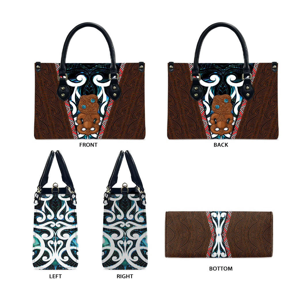 New Zealand Whakairo Leather Bag Tiki Maori Carving Taniko Motifs