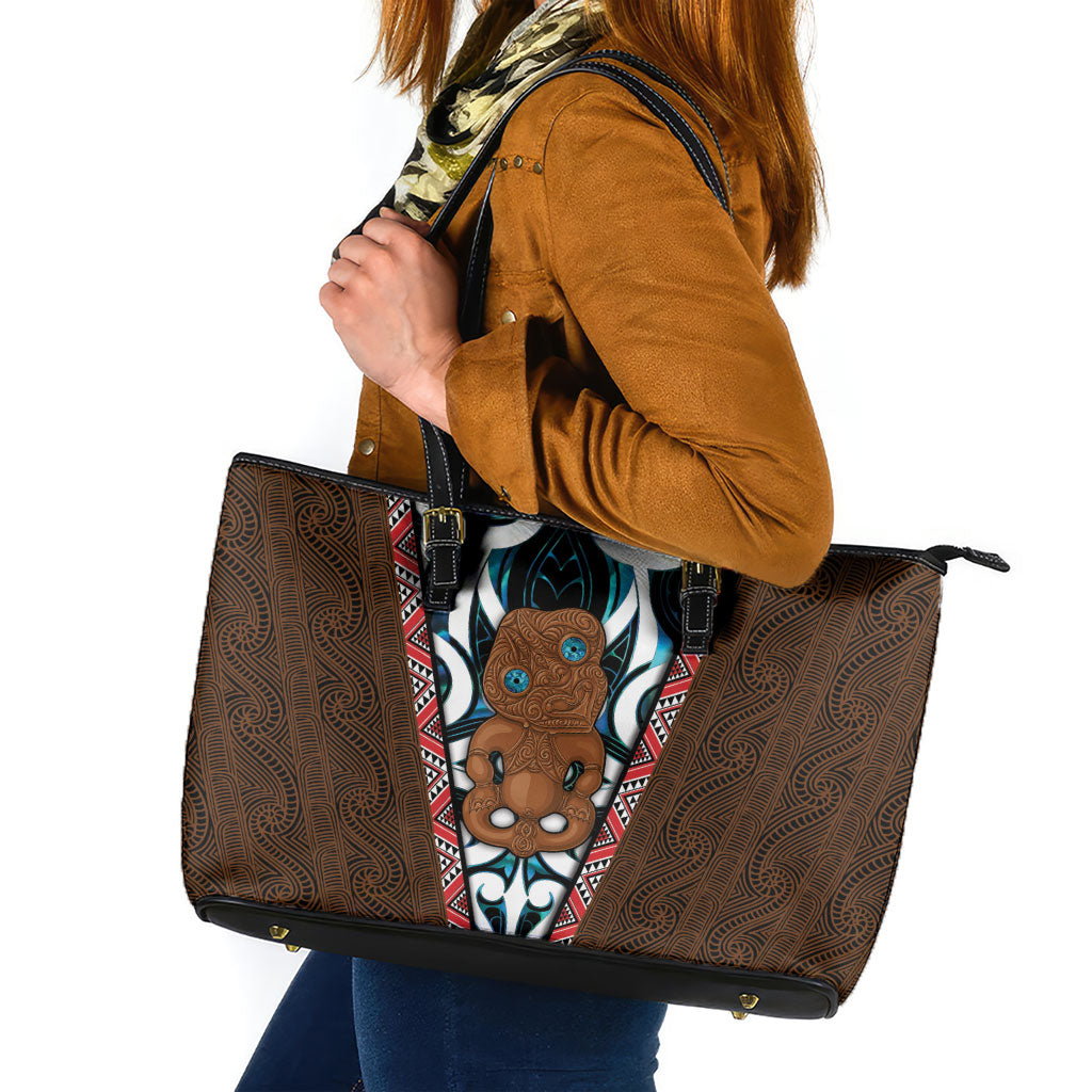 New Zealand Whakairo Leather Tote Bag Tiki Maori Carving Taniko Motifs