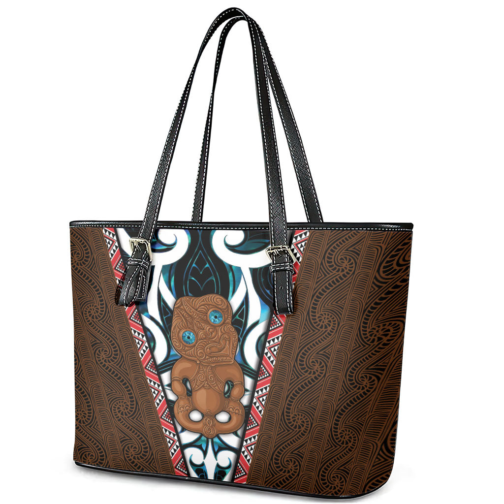 New Zealand Whakairo Leather Tote Bag Tiki Maori Carving Taniko Motifs