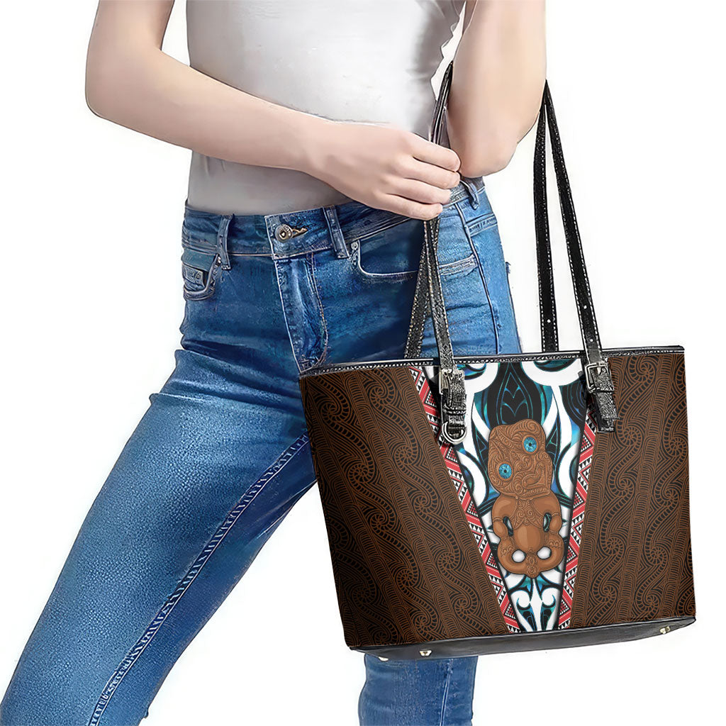 New Zealand Whakairo Leather Tote Bag Tiki Maori Carving Taniko Motifs