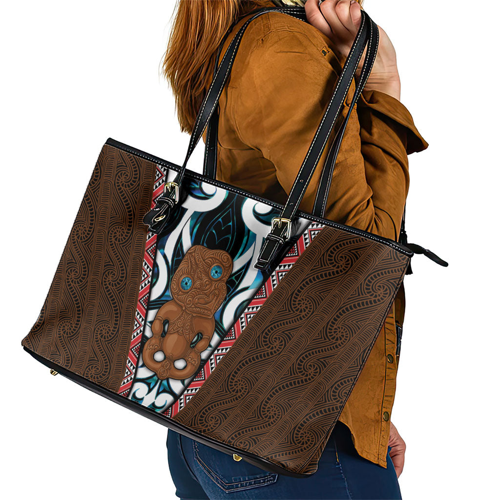 New Zealand Whakairo Leather Tote Bag Tiki Maori Carving Taniko Motifs